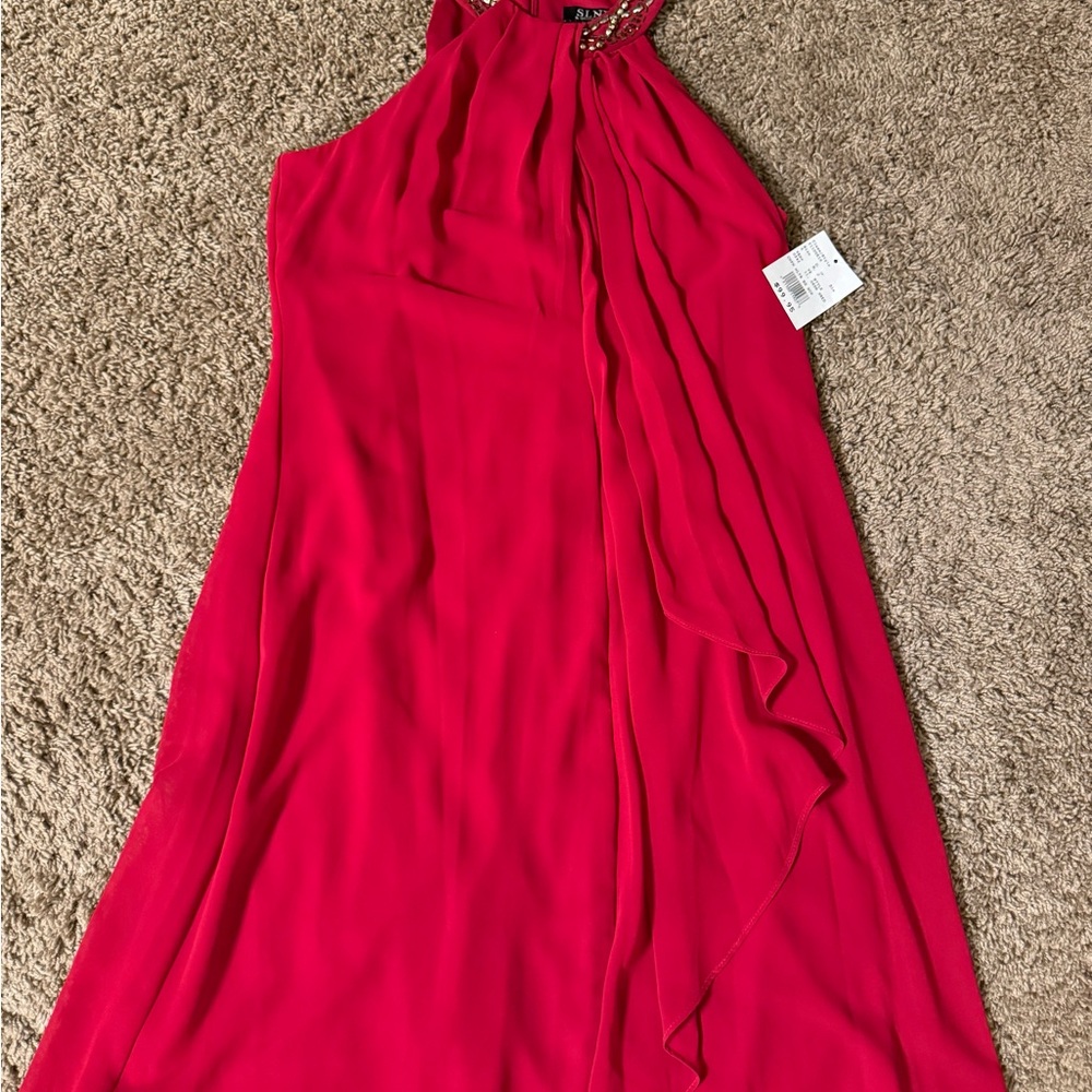 NWT SLNY Red Ruched A-line Halter Dress
